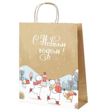 НГ Пакет подарочный крафтовый (22х25х12) с крученой ручкой Мишки на льду 1/250