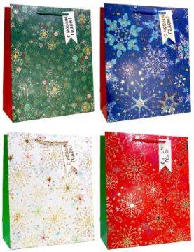 НГ Пакет подарочный бумажный (26х32х12) люкс Яркие снежинки 1/12