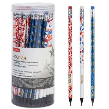 Карандаш ч/гр НВ заточенный круглый с ластиком Hatber Россия 1/72