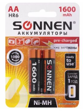 Элемент питания аккумулятор Ni-Mh AA 2шт 1600мАh SONNEN 1/10 