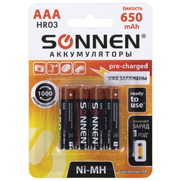 Элемент питания аккумулятор SONNEN Ni-Mh AAA(HR03) 4шт ёмк 650мАh мизинчик 1/10/100