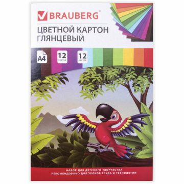 Цветной картон А4 12л 12цв 200х290мм в папке мелованный Килиманджаро BRAUBERG 1/38