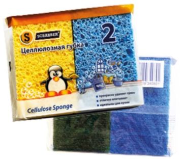 Губка бытовая (2шт) 110х70х20мм SCRABBER целлюлозная (губчатая) 1/36