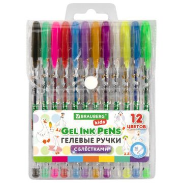Набор гелевых ручек 12цв узел 1мм линия 0,7мм блестки BRAUBERG KIDS CUTE ANIMALS 1/12