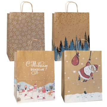 НГ Пакет подарочный крафтовый (35х26х15) с крученой ручкой Зимний mix-1 1/100