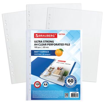 Перфофайлы А4 60 мкм плотные матовые BRAUBERG 100шт 1/20