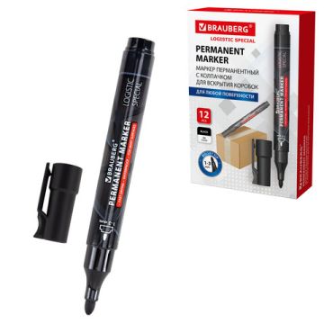 Маркер перманентный черный 1-3мм круглый наконечник BRAUBERG LOGISTIC SPECIAL 1/12/1152 