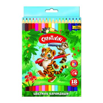 Карандаши цветные 18цв шестигранные с заточкой дерево Creativiki 1/8
