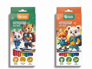 Карандаши цветные 12цв шестигранные дерево Яркие зверята 1/12/240