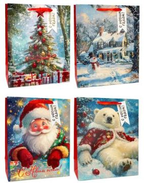 НГ Пакет подарочный бумажный (26х32х12) люкс Снежный уют 1/12