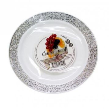 Тарелка пластиковая d-230 Compliment белая с серебряной ажурной каймой (6шт) 1/20