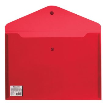 Папка-конверт с кнопкой А4 до 100л прозрачная, красная, СВЕРХПРОЧНАЯ 0,18 мм BRAUBERG 1/10/100