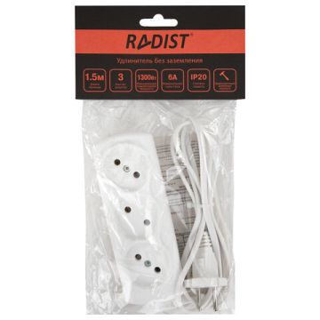 Удлинитель РАДИСТ Р16-010, 3 розетки без зазем, 1,5 м, 2х0, 75 мм, 1300 Вт, белый, 561 1/60
