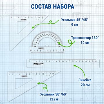 Набор чертежный средний линейка 20см 2шт угольника транспортир прозрачный ПИФАГОР 1/48
