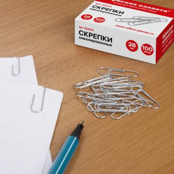 Скрепки 28мм 100шт никелированные Офисная планета 1/30