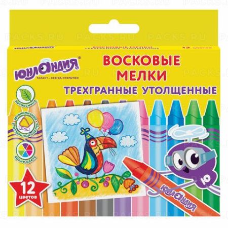 Восковые мелки трехгранные утолщенные ЮНЛАНДИЯ "ЮНЛАНДИК НА ПРАЗДНИКЕ" 12 цв 