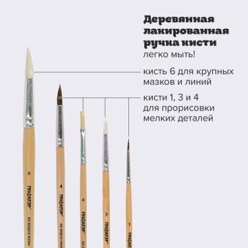 Кисти 5шт Пони круглые №1,4, Коза круглая №3,6, Щетина плоская №4 ПИФАГОР 1/12