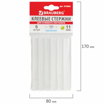 Клеевые стержни d-11 мм длина 100 мм прозр  компл 6 штук BRAUBERG европодвес 1/50/100