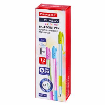 Ручка шариковая синяя масляная ассорти BRAUBERG GLASSY 1/12