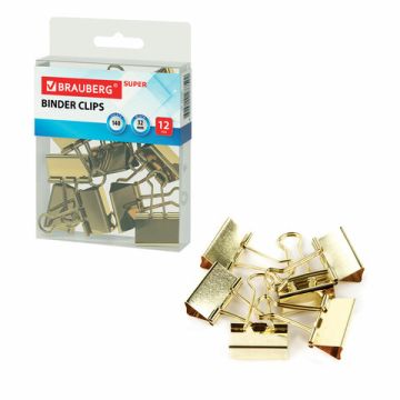 Зажимы для бумаг BRAUBERG EXTRA, КОМПЛЕКТ 12 шт, 32 мм, на 140 л, золотистые, европодвес 1/5/10
