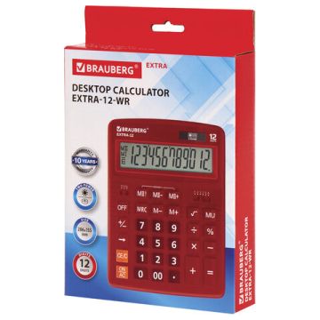 Калькулятор настольный BRAUBERG EXTRA-12-WR (206x155мм) 12разр дв питание КРАСНЫЙ 1/20/40 (Клиент)