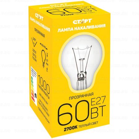 Лампа накаливания Старт Б 60W, E27, прозрачная 1/10