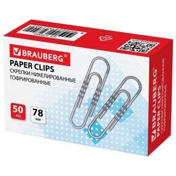 Скрепки 78мм 50шт никелированные гофрированные BRAUBERG 1/10
