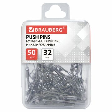 Булавки английские 32мм никелированные 50шт BRAUBERG 1/40/400 (Клиент)