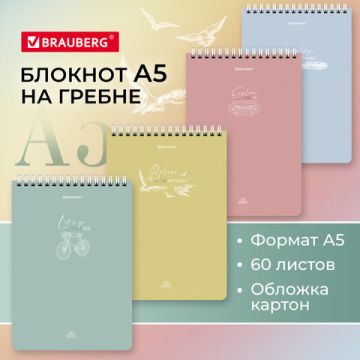 Блокнот 60л А5 гребень картон клетка BRAUBERG Pastel 1/4/80