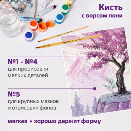 Кисти НАБОР 5шт ПОНИ, круглые № 1,2,3,4,5 блистер ЮНЛАНДИЯ 1/12