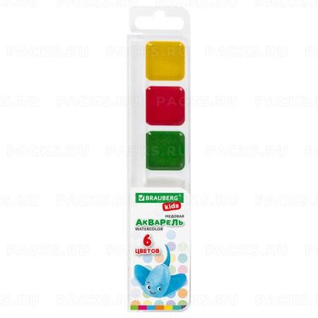 Краски акварельные 06цв медовые квадратные кюветы Brauberg Kids 1/35