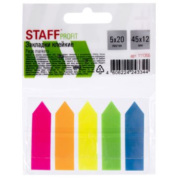 Закладки клейкие пластиковые 45х12мм 5цв.х20л неон Стрелки STAFF 1/48